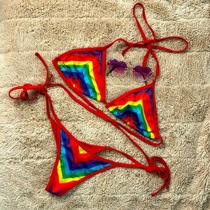 3/$15 Bikinis🔥 Red Rainbow Thong Bikini S 🌈